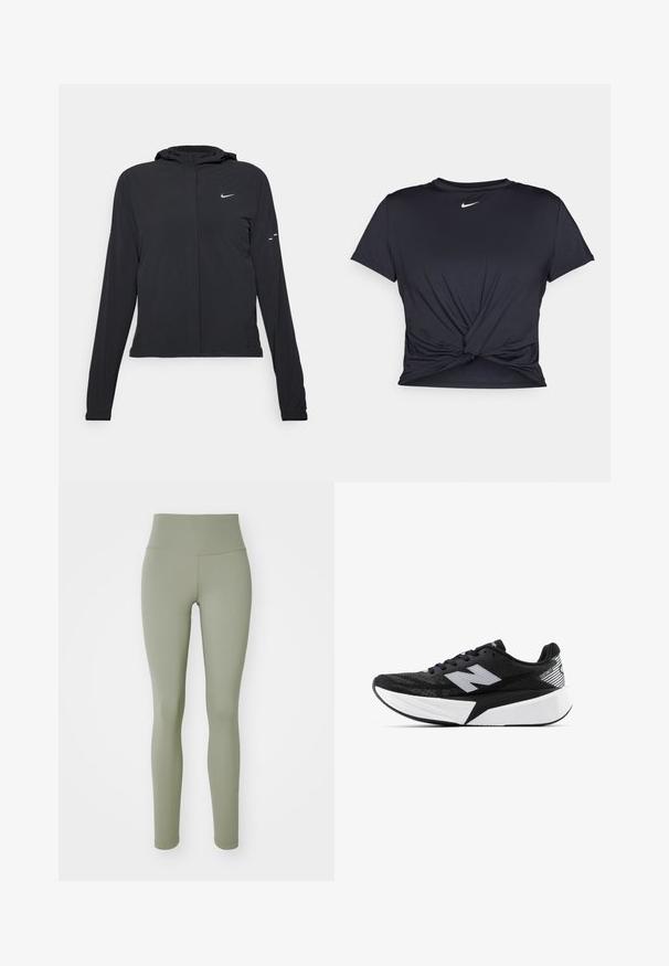 Giacca nera con cappuccio e maniche lunghe, realizzata in materiale leggero. Presenta una zip frontale, il logo Nike e accenti di design sottili.; Maglietta atletica nera realizzata in tessuto liscio, con un design anteriore annodato e un piccolo logo Nike bianco sul petto.; Leggings verde oliva con una vita alta, texture liscia e design aderente. Presentano cuciture senza soluzione di continuità e nessuna ferramenta visibile.; Scarpa da corsa New Balance in bianco e nero con suola spessa, parte superiore in rete e logo "N" sul lato, vista dal lato esterno.