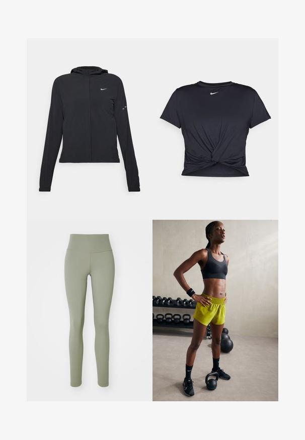 Black hooded jacket with long sleeves, made from lightweight material. Features a front zipper, a Nike logo, and subtle design accents.; Black athletic t-shirt made of smooth fabric, featuring a knotted front design and a small white Nike logo on the chest.; Olive green leggings with a high waistband, smooth texture, and fitted design. Features seamless stitching and no visible hardware.; Black sports bra, bright yellow shorts with an elastic waistband, black athletic shoes, and wristbands, standing beside kettlebells.