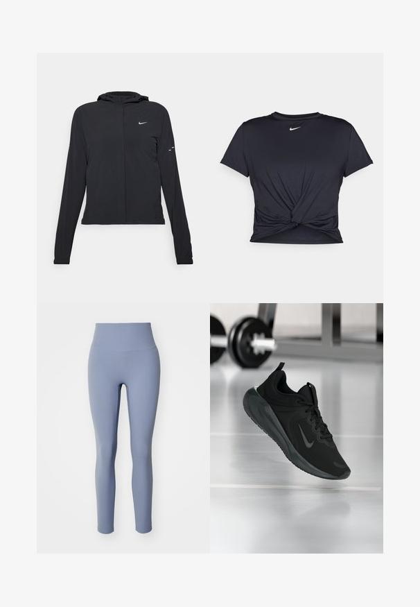Schwarze Kapuzenjacke mit langen Ärmeln, aus leichtem Material gefertigt. Sie hat einen vorderen Reißverschluss, ein Nike-Logo und dezente Designelemente.; Schwarzes Sport-T-Shirt aus glattem Stoff, mit einem geknoteten Vorderdesign und einem kleinen weißen Nike-Logo auf der Brust.; Hoch sitzende Leggings aus weichem, dehnbarem Material. Einfarbiger, hellblauer Farbton mit glatter Textur und figurbetontem Design. Keine sichtbaren Nähte oder Muster.; Schwarzer Sportsneaker mit Nike-Logo, mid-air über dem Boden des Fitnessstudios, mit unscharfem Hantelregal im Hintergrund.