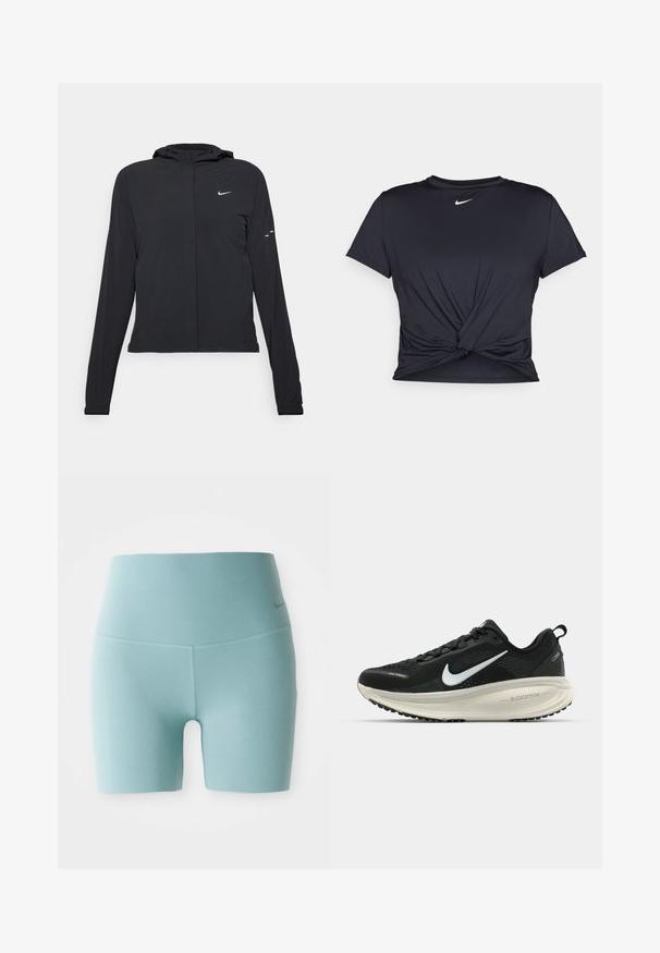 Crna jakna s kapuljačom i dugim rukavima, izrađena od laganog materijala. Ima prednji patentni zatvarač, Nike logo i suptilne dizajnerske detalje.; Crni trenirac s kratkim rukavima izrađen od glatkog materijala, s čvorastim dizajnom sprijeda i malim bijelim Nike logotipom na prsima.; Svijetloplavi athletic shortsi visoki u struku, prilagođeni tijelu, s malim, suptilnim logotipom na desnom kuku, na bijeloj pozadini.; Crne Nike trkačke tenisice s prozračnom mrežastom gornjom konstrukcijom, bijelim swoosh logotipom, teksturiranim detaljima i kremastom ZoomX srednjom potplatnom jedinicom.