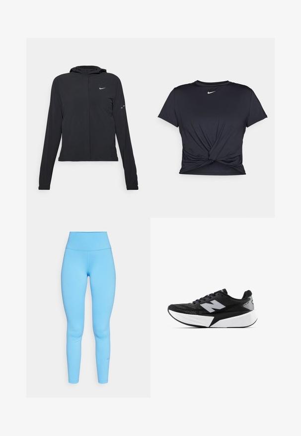 Sort hættetrøje med lange ærmer, lavet af letvægtsmateriale. Har en frontlynlås, et Nike-logo og subtile designaccenter.; Sort atletisk t-shirt lavet af glat stof, med et knyttet frontdesign og et lille hvidt Nike-logo på brystet.; Blå højtaljede leggings lavet af strækbart materiale, med en glat tekstur og tætsiddende design. Diskret Nike-logo nær anklen.; Sort og hvid New Balance løbesko med tyk sål, mesh-overdel og "N"-logo på siden, set fra ydersiden.