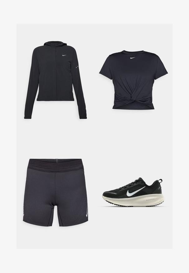 Svart hettegenser med lange ermer, laget av lett materiale. Har glidelås foran, Nike-logo og subtile design detaljer.; Svart trenings T-skjorte laget av glatt stoff, med en knyttet frontdesign og en liten hvit Nike-logo på brystet.; Svart treningsshorts laget av stretchy stoff med en smooth overflate, med en forsterket midjebånd og en hvit logo på siden.; Svart Nike løpesko med pustende mesh-overdel, hvit swoosh-logo, teksturert detaljer og en kremfarget ZoomX mellomsåle.