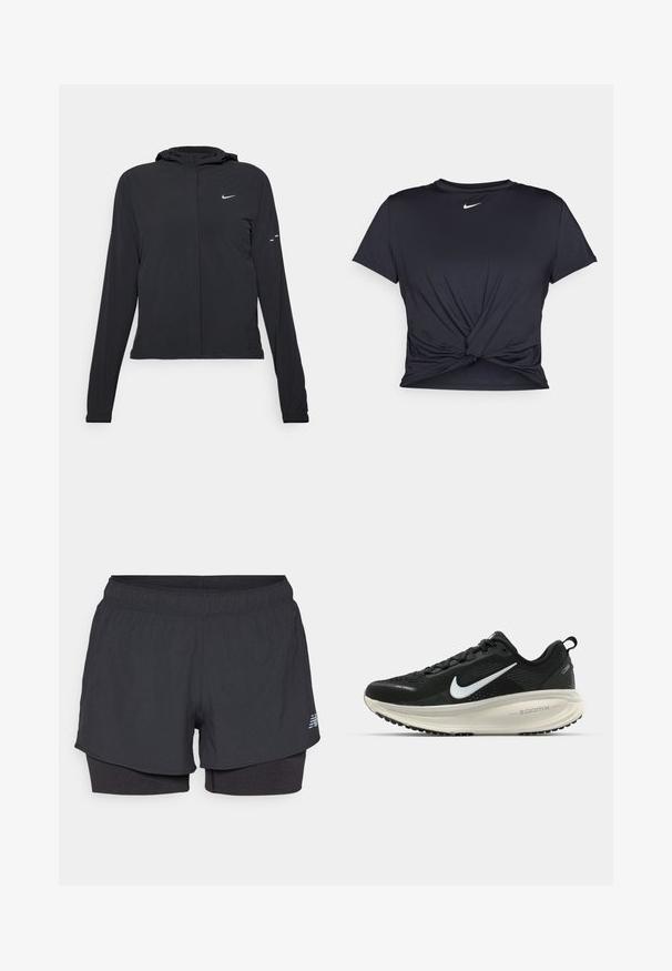 Jachetă neagră cu glugă, cu mâneci lungi, fabricată din material ușor. Dispune de un fermoar frontal, un logo Nike și accente de design subtile.; Tricou sport negru din material neted, cu un design frontal legat și un mic logo Nike alb pe piept.; Shorts sportivi negri cu căptușeală interioară, prezentând un talie elastică, textură netedă și un logo reflectorizant pe lateral.; Pantofii de alergare negri de la Nike, cu parte superioară din plasă respirabilă, logo-ul alb Swoosh, detalii texturate și o talpă intermediară ZoomX de culoare crem.