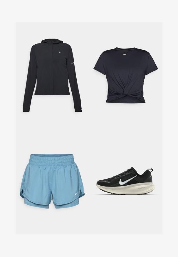 Črna kapuča s dolgimi rokavi, izdelana iz lahkega materiala. Ima sprednji zadrgo, logotip Nike in subtilne oblikovne detajle.; Črna atletska majica iz gladkega materiala, z vozlanim sprednjim delom in majhnim belim logotipom Nike na prsih.; Svetlo modri atletski šortsi s širokim elastičnim pasom, notranjo podlogo in bočnimi razporki za lažje gibanje. Imajo majhen bel logotip.; Črne Nike tekaške čevlje z zračno mrežno zgornjim delom, belim logotipom Swoosh, teksturiranimi detajli in smetanasto barvnim srednjim delom ZoomX.