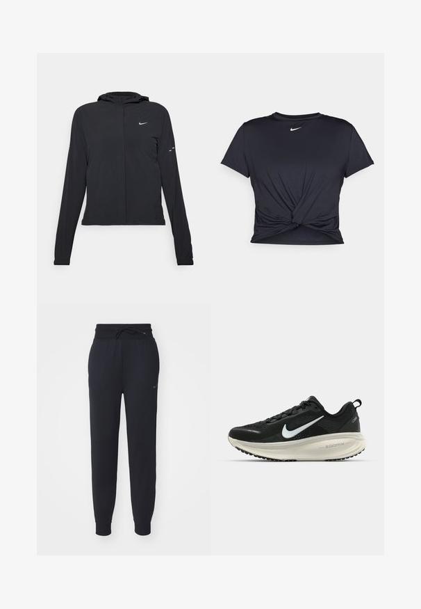 Mustassa hupparissa on pitkät hihat, ja se on valmistettu kevyestä materiaalista. Siinä on edessä vetoketju, Nike-logo ja hillityt muotoiluyksityiskohdat.; Musta urheilu T-paita, joka on valmistettu sileästä kankaasta, jossa on solmittu etuosa ja pieni valkoinen Nike-logo rinnassa.; Mustat juoksuhousut, jotka on valmistettu pehmeästä kankaasta. Niissä on joustava vyötärö, jossa on nyöri, sivutaskut ja huomaamaton logo vasemmassa reidessä.; Mustat Nike-juoksukengät, joissa on hengittävä verkko-osa, valkoinen swoosh-logo, teksturoitu yksityiskohtaus ja kermaisen värinen ZoomX-välipohja.