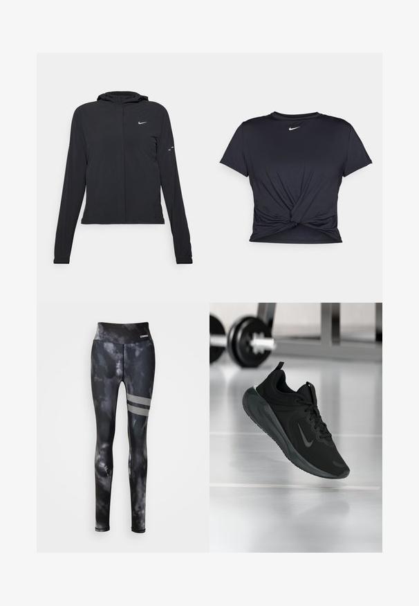 Černá kapucňová bunda s dlouhými rukávy, vyrobená z lehkého materiálu. Obsahuje přední zip, logo Nike a decentní designové akcenty.; Černé sportovní tričko vyrobené z hladkého materiálu, s uzlovým designem vpředu a malým bílým logem Nike na hrudi.; Černé legíny se vzorem batikování, vysokým pasem, síťovými akcenty a dvěma vodorovnými pruhy na vnější straně stehna. Hladký, elastický materiál.; Černé sportovní tenisky s logem Nike, zobrazené ve vzduchu na podlaze tělocvičny, s rozostřeným regálem s činkami na pozadí.
