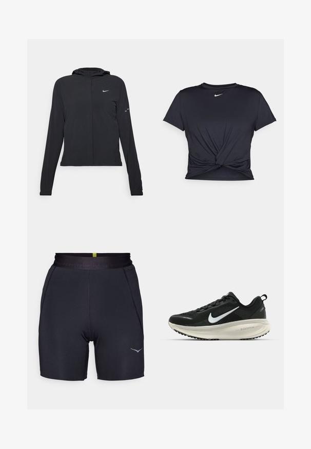 Svart huva jacka med långa ärmar, gjord av lätt material. Har en framdragare, en Nike-logotyp och subtila designelement.; Svart atletisk t-shirt i mjukt tyg, med en knuten framdesign och en liten vit Nike-logga på bröstet.; Svarta sportshorts med en kroppsnära design, slät textur, elastisk midja och en subtil grå logotyp på vänster sida.; Svart Nike löparsko med andningsbart mesh-ovandel, vit swoosh-logotyp, texturerad detaljering och en krämfärgad ZoomX-mellansula.