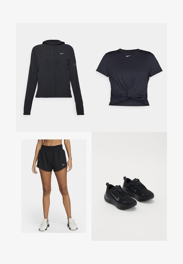 Sort hættetrøje med lange ærmer, lavet af letvægtsmateriale. Har en frontlynlås, et Nike-logo og subtile designaccenter.; Sort atletisk t-shirt lavet af glat stof, med et knyttet frontdesign og et lille hvidt Nike-logo på brystet.; Sorte atletikshorts med en løs pasform, elastisk talje og buet kant. Har et lille hvidt Nike-logo nederst til venstre.; Sorte atletiksko med en tekstureret overdel, snørebåndsdesign og en tyk, polstret sål. Har et gråt Nike-logo på hver side.