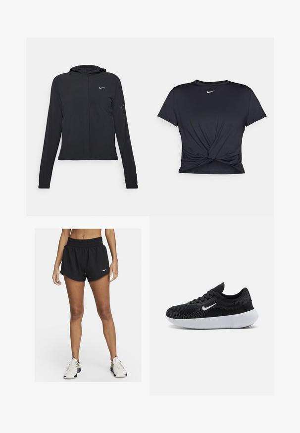 Giacca nera con cappuccio e maniche lunghe, realizzata in materiale leggero. Presenta una zip frontale, il logo Nike e accenti di design sottili.; Maglietta atletica nera realizzata in tessuto liscio, con un design anteriore annodato e un piccolo logo Nike bianco sul petto.; Pantaloni sportivi neri con una vestibilità ampia, vita elastica e orlo curvo. Presentano un piccolo logo Nike bianco sul lato sinistro in basso.; Scarpa da ginnastica nera con tomaia in mesh, design testurizzato, punta rotonda, suola in gomma bianca e logo Nike di lato.