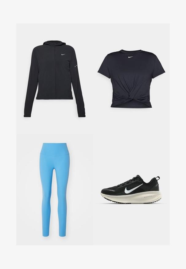 Mustassa hupparissa on pitkät hihat, ja se on valmistettu kevyestä materiaalista. Siinä on edessä vetoketju, Nike-logo ja hillityt muotoiluyksityiskohdat.; Musta urheilu T-paita, joka on valmistettu sileästä kankaasta, jossa on solmittu etuosa ja pieni valkoinen Nike-logo rinnassa.; Nike Performance ZENVY HR 7/8 - Trikoot - university blue; Mustat Nike-juoksukengät, joissa on hengittävä verkko-osa, valkoinen swoosh-logo, teksturoitu yksityiskohtaus ja kermaisen värinen ZoomX-välipohja.