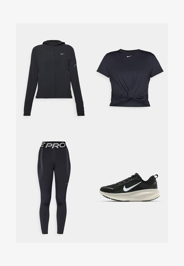 Giacca nera con cappuccio e maniche lunghe, realizzata in materiale leggero. Presenta una zip frontale, il logo Nike e accenti di design sottili.; Maglietta atletica nera realizzata in tessuto liscio, con un design anteriore annodato e un piccolo logo Nike bianco sul petto.; Leggings sportivi neri con una vestibilità aderente, caratterizzati da una fascia in vita ampia con la scritta "PRO" in argento e dettagli a pois sui lati.; Scarpa da corsa nera Nike con tomaia in rete traspirante, logo Swoosh bianco, dettagli testurizzati e intersuola ZoomX di colore crema.