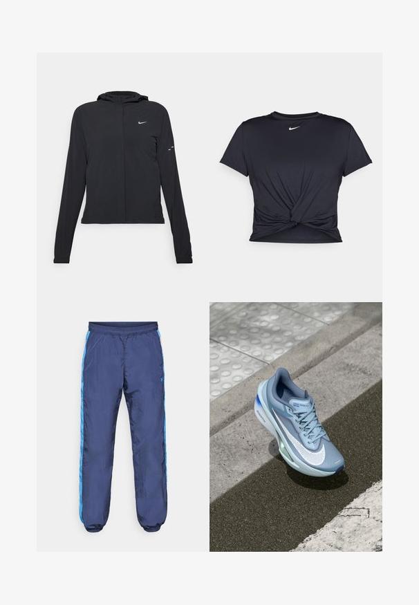 Svart hettegenser med lange ermer, laget av lett materiale. Har glidelås foran, Nike-logo og subtile design detaljer.; Svart trenings T-skjorte laget av glatt stoff, med en knyttet frontdesign og en liten hvit Nike-logo på brystet.; Navyblå joggebukser laget av skinnende, lett materiale, med blå sidestriper og elastiske mansjetter ved anklene og midjen.; Lyseblå Nike Zoom Fly løpesko med pustende mesh-overdel, karakteristisk hvit Swoosh og grønne detaljer på yttersålen.