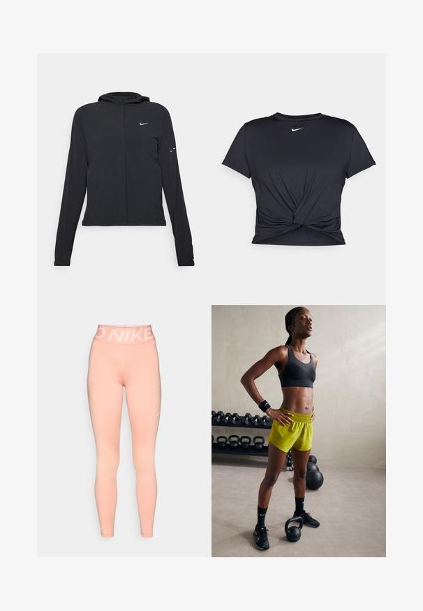 Giacca nera con cappuccio e maniche lunghe, realizzata in materiale leggero. Presenta una zip frontale, il logo Nike e accenti di design sottili.; Maglietta atletica nera realizzata in tessuto liscio, con un design anteriore annodato e un piccolo logo Nike bianco sul petto.; Leggings Nike rosa con una vita alta e un logo bianco. Il tessuto è liscio con una silhouette aderente, adatti per l'abbigliamento sportivo.; Reggiseno sportivo nero, pantaloni corti giallo brillante con vita elastica, scarpe da ginnastica nere e polsini, in piedi accanto a kettlebell.
