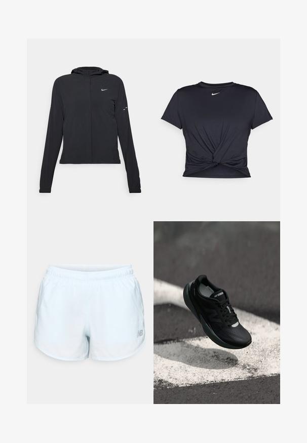 Mustassa hupparissa on pitkät hihat, ja se on valmistettu kevyestä materiaalista. Siinä on edessä vetoketju, Nike-logo ja hillityt muotoiluyksityiskohdat.; Musta urheilu T-paita, joka on valmistettu sileästä kankaasta, jossa on solmittu etuosa ja pieni valkoinen Nike-logo rinnassa.; Vaaleansiniset urheilushortsit, joissa on joustava vyötärö, kaareva helma ja hopeinen logo alareunassa oikealla puolella. Valmistettu kevyestä kankaasta.; Musta juoksukenkä, jossa on teksturoitu yläosa, tyylikäs muotoilu ja heijastavat yksityiskohdat. Varustettu pehmeällä, vaimennettulla pohjalla mukavuutta varten.