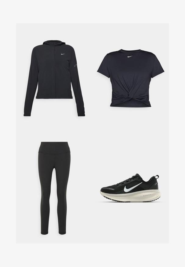 Svart huva jacka med långa ärmar, gjord av lätt material. Har en framdragare, en Nike-logotyp och subtila designelement.; Svart atletisk t-shirt i mjukt tyg, med en knuten framdesign och en liten vit Nike-logga på bröstet.; Svarta leggings tillverkade av stretchigt tyg, med hög midja, slät yta och utan synliga mönster eller detaljer i metall.; Svart Nike löparsko med andningsbart mesh-ovandel, vit swoosh-logotyp, texturerad detaljering och en krämfärgad ZoomX-mellansula.