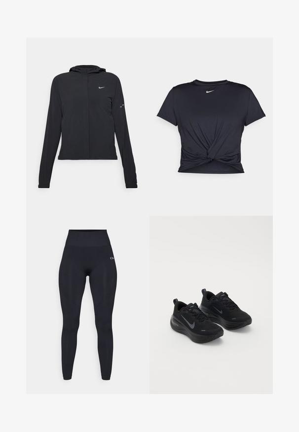 Jachetă neagră cu glugă, cu mâneci lungi, fabricată din material ușor. Dispune de un fermoar frontal, un logo Nike și accente de design subtile.; Tricou sport negru din material neted, cu un design frontal legat și un mic logo Nike alb pe piept.; Colanți negri cu talie înaltă, realizați dintr-un material neted și elastic. Prezintă un logo pe coapsa superioară și accente texturate pe laterale.; Pantofi sport negri, cu un brâu texturat, design cu șireturi și talpă groasă, căptușită. Prezintă un logo Nike gri pe fiecare parte.