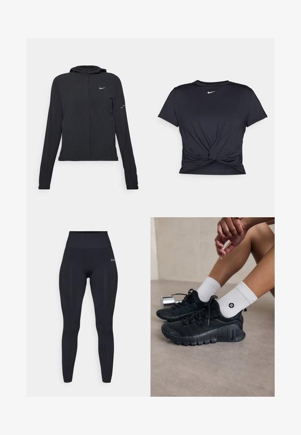 Must musta kapuutsiga jakk, millel on pikad varrukad ja mis on valmistatud kergetest materjalidest. Omab esitaskut, Nike logo ja kergelt silmatorkavaid disainiaktsente.; Mustmust musta sportlik T-särk, mis on valmistatud sujuvast kangast, millel on sõlmega esikülg ja väike valge Nike logo rinnal.; Kõrge vöökohaga mustad leggingsid, millel on sile ja veniv kangas. Omaduseks on logo ülemisel jalal ja tekstuuritud aktsendid külgedel.; Mustad must спортjalatsid tekstuurse kangaga, nöörimise disainiga ja silmapaistva tallaga, koos valgete ribafreeside sokkidega, millel on väike logo.