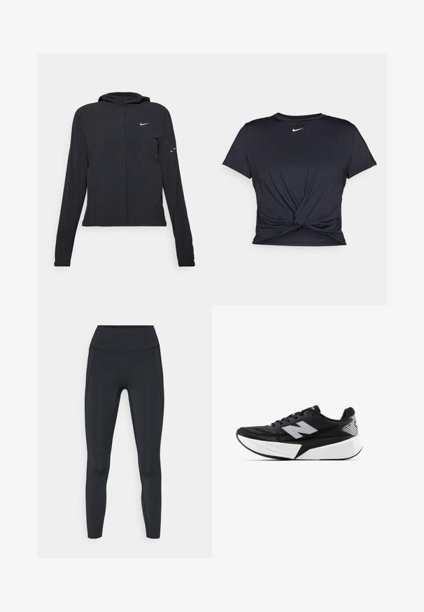 Melnā kapuci jaka ar garām piedurknēm, izgatavota no viegla materiāla. Tam ir priekšējais rāvējslēdzis, Nike logo un smalki dizaina akcenti.; Melna sporta t-kreklu ar gludu audumu, ar mezglošanas priekšpusi un mazu baltu Nike logotipu uz krūšu daļas.; Augstām jostasvietām paredzēti melni legingi, kas izgatavoti no elastīga materiāla, ar pastiprinātām šuvēm un gludu tekstūru. Dizains ietver bez redzamām logo vai rakstiem.; Melnbalts New Balance skriešanas apavi ar biezu zoli, acs augšdaļu un "N" logotipu sānos, skatīts no ārējās puses.