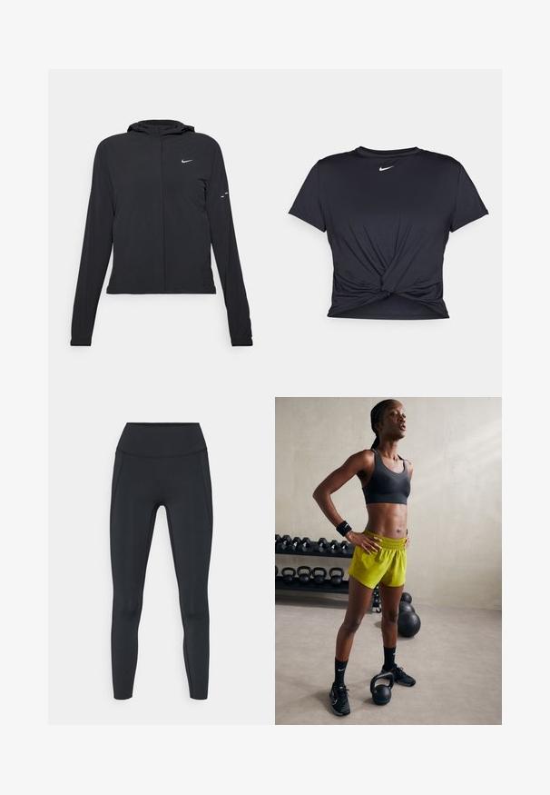 Zwarte kaptrui met lange mouwen, gemaakt van lichtgewicht materiaal. Voorzien van een ritssluiting aan de voorkant, een Nike-logo en subtiele ontwerpelementen.; Zwarte sportieve T-shirt van gladde stof, met een geknoopt ontwerp aan de voorkant en een klein wit Nike-logo op de borst.; Hooggesneden zwarte leggings van rekbaar materiaal, met versterkte naden en een gladde textuur. Het ontwerp bevat geen zichtbare logo's of patronen.; Zwarte sportbeha, felgele shorts met een elastische tailleband, zwarte sportschoenen en polsbanden, staande naast kettlebells.
