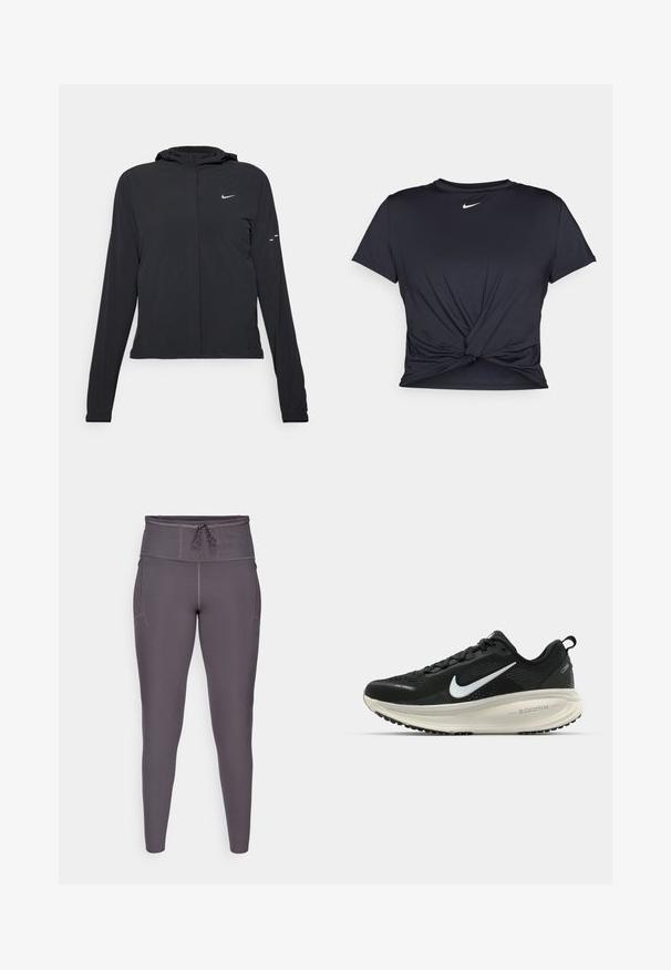 Jachetă neagră cu glugă, cu mâneci lungi, fabricată din material ușor. Dispune de un fermoar frontal, un logo Nike și accente de design subtile.; Tricou sport negru din material neted, cu un design frontal legat și un mic logo Nike alb pe piept.; Leggings violete cu talie înaltă și sistem de închidere cu șnur, având o textură netedă și buzunare laterale pentru funcționalitate suplimentară.; Pantofii de alergare negri de la Nike, cu parte superioară din plasă respirabilă, logo-ul alb Swoosh, detalii texturate și o talpă intermediară ZoomX de culoare crem.