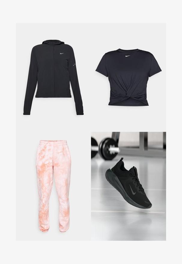 Black hooded jacket with long sleeves, made from lightweight material. Features a front zipper, a Nike logo, and subtle design accents.; Black athletic t-shirt made of smooth fabric, featuring a knotted front design and a small white Nike logo on the chest.; Light pink sweatpants featuring a tie-dye design with a soft texture, elastic waistband, and ribbed cuffs at the ankles.; Black sports sneaker with Nike logo, shown mid-air on gym floor, with blurred dumbbell rack in background.