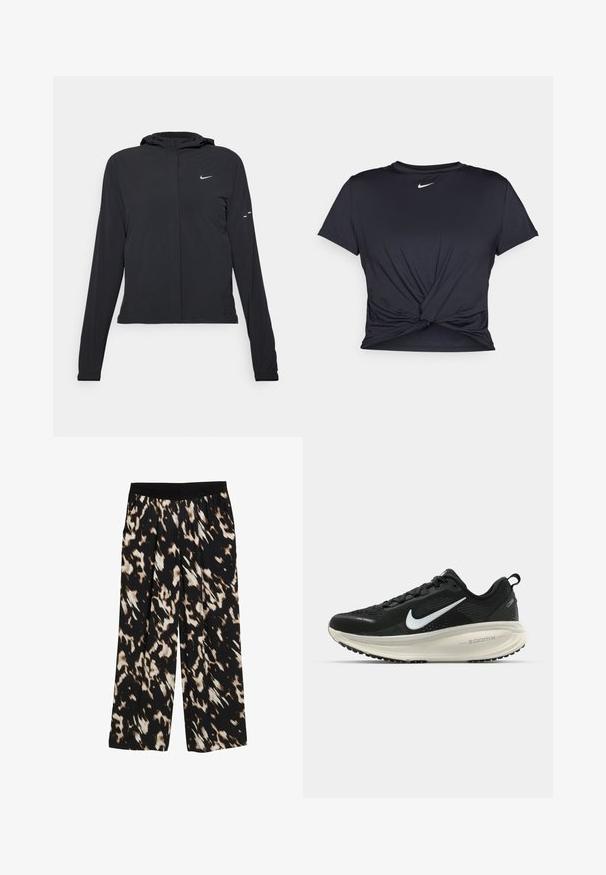 Jachetă neagră cu glugă, cu mâneci lungi, fabricată din material ușor. Dispune de un fermoar frontal, un logo Nike și accente de design subtile.; Tricou sport negru din material neted, cu un design frontal legat și un mic logo Nike alb pe piept.; Pantaloni cu talie largă dintr-un material negru cu un model abstract în nuanțe de maro și crem. Talie elastică cu plii, textură netedă.; Pantofii de alergare negri de la Nike, cu parte superioară din plasă respirabilă, logo-ul alb Swoosh, detalii texturate și o talpă intermediară ZoomX de culoare crem.