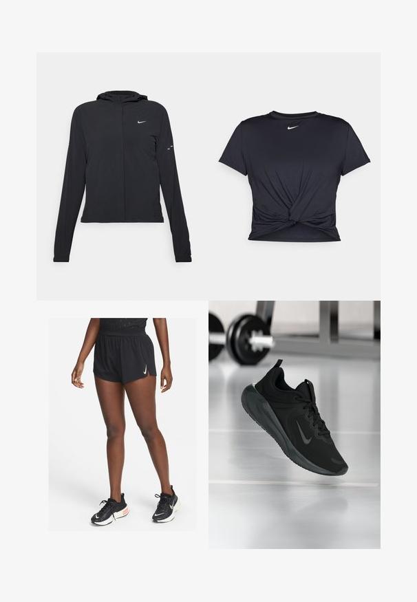 Fekete kapucnis dzseki hosszú ujjakkal, könnyű anyagból készült. Elülső cipzárral, Nike logóval és diszkrét dizájn elemekkel rendelkezik.; Fekete sportpóló sima anyagból, elöl megkötős dizájnnal, a mellkason egy kis fehér Nike logóval.; Fekete atlétikai rövidnadrág húzott derékrésszel és oldalsó hasítékokkal, könnyű anyagból készült, fekete futócipővel párosítva, amely fehér swoosht díszít.; Fekete sportcipő Nike logóval, amely a levegőben látható az edzőterem padlóján, a háttérben elmosódott kézi súlyzó állvánnyal.