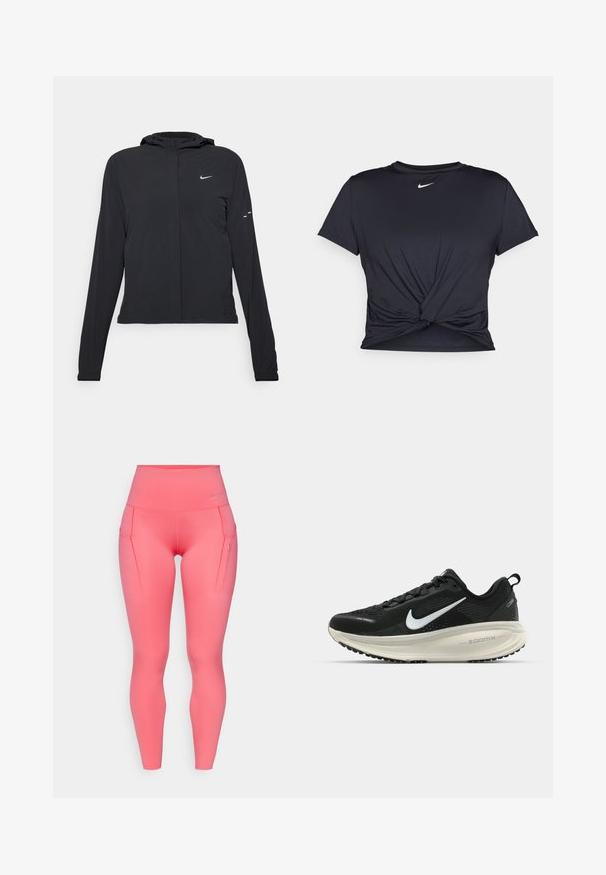 Čierna kapucňová bunda s dlhou rukávou, vyrobená z ľahkého materiálu. Má predný zips, logo Nike a jemné dizajnové akcenty.; Čierne atletické tričko vyrobené z hladkej tkaniny, so zaväzovaným predným dizajnom a malým bielym logom Nike na hrudi.; Ružové legíny s vysokým pásom a hladkou textúrou, vybavené dvoma bočnými vreckami a malým logom pri páse.; Čierne bežecké topánky Nike s priedušnou sieťovinou, bielym logom s symbolom swoosh, textúrovanými detailmi a krémovou ZoomX medzipodrážkou.