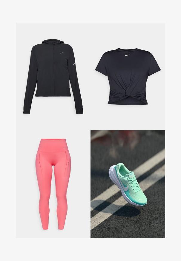 Jachetă neagră cu glugă, cu mâneci lungi, fabricată din material ușor. Dispune de un fermoar frontal, un logo Nike și accente de design subtile.; Tricou sport negru din material neted, cu un design frontal legat și un mic logo Nike alb pe piept.; Colanți roz cu talie înaltă, cu o textură netedă, având două buzunare laterale și un mic logo accentuat aproape de talie.; Adidași ușori, de culoare verde mentă, cu partea superioară din plasă, guler căptușit și talpă din cauciuc alb. Logo-ul Nike pe lateral; șireturile sunt vizibile.