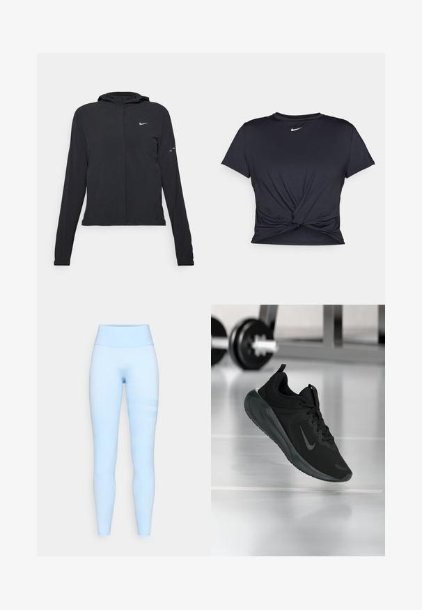 Črna kapuča s dolgimi rokavi, izdelana iz lahkega materiala. Ima sprednji zadrgo, logotip Nike in subtilne oblikovne detajle.; Črna atletska majica iz gladkega materiala, z vozlanim sprednjim delom in majhnim belim logotipom Nike na prsih.; Svetlo modre legice iz raztegljive tkanine z visokim pasom. Imajo gladko teksturo in subtilen črtast vzorec ob straneh.; Črne športne teniske z logotipom Nike, prikazane v zraku na telovadni talni površini, v ozadju pa zamegljena vrsta uteži.