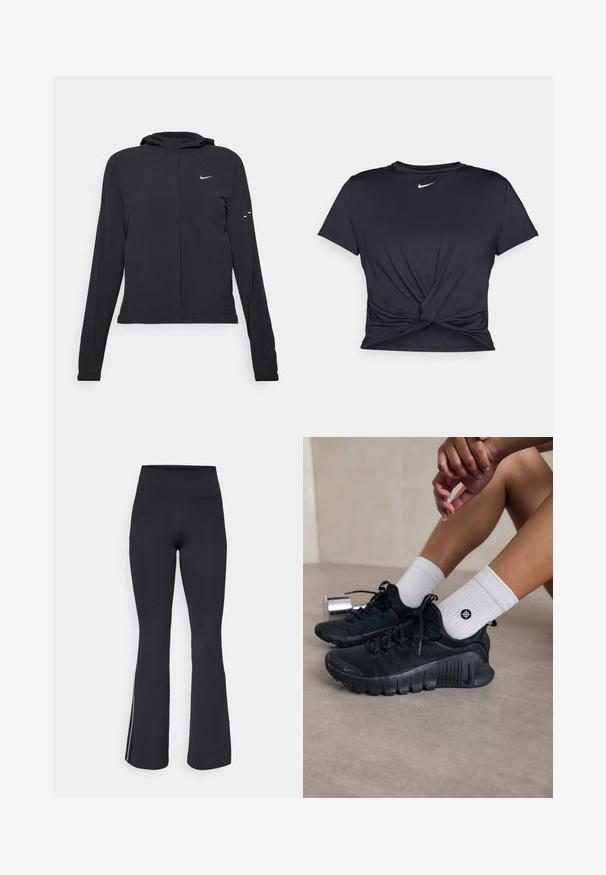Melnā kapuci jaka ar garām piedurknēm, izgatavota no viegla materiāla. Tam ir priekšējais rāvējslēdzis, Nike logo un smalki dizaina akcenti.; Melna sporta t-kreklu ar gludu audumu, ar mezglošanas priekšpusi un mazu baltu Nike logotipu uz krūšu daļas.; Melnas paplatinātas legingi ar augstu jostasvītu, izgatavoti no elastīga auduma. Iespējas iekļauj gludu tekstūru un baltas sānu svītras gar šuvēm.; Melnas sporta kurpes ar teksturētu audumu, saistītu dizainu un izteiktu zoli, savienotas ar baltām ribotām zeķēm ar mazu logo.