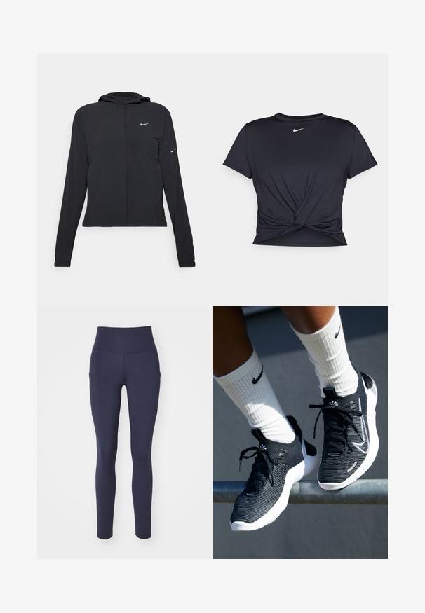 Zwarte kaptrui met lange mouwen, gemaakt van lichtgewicht materiaal. Voorzien van een ritssluiting aan de voorkant, een Nike-logo en subtiele ontwerpelementen.; Zwarte sportieve T-shirt van gladde stof, met een geknoopt ontwerp aan de voorkant en een klein wit Nike-logo op de borst.; Nike Performance ONE 7/8 - Tights - obsidian; Zwarte sportieve schoenen met een gebreide bovenkant met textuur, witte middenzool en zwarte veters. Draagt witte geribbelde sokken met een logo.