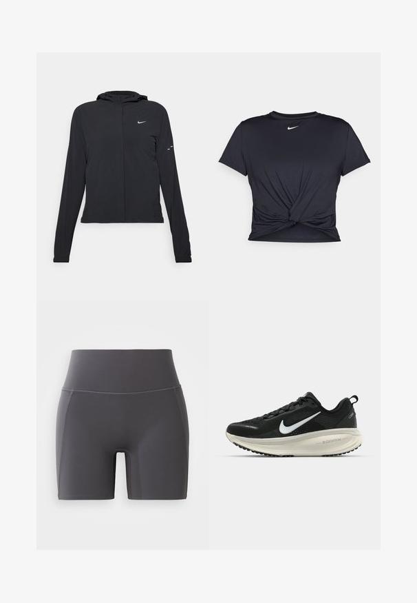 Sort hættetrøje med lange ærmer, lavet af letvægtsmateriale. Har en frontlynlås, et Nike-logo og subtile designaccenter.; Sort atletisk t-shirt lavet af glat stof, med et knyttet frontdesign og et lille hvidt Nike-logo på brystet.; Grå sportshorts med høj talje, lavet af glat, strækbart stof. Har flade sømme og en tætsiddende pasform.; Sort Nike løbesko med åndbart mesh-overdel, hvidt swoosh-logo, tekstureret detaljering og en cremede ZoomX mellemsål.