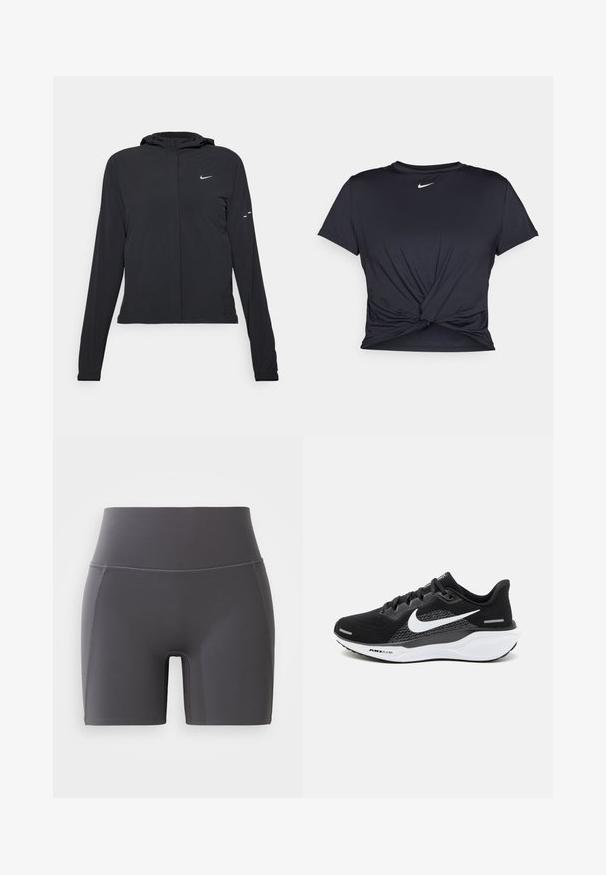 Czarna kurtka z kapturem, z długimi rękawami, wykonana z lekkiego materiału. Posiada zamek błyskawiczny z przodu, logo Nike oraz subtelne akcenty wzornicze.; Czarna sportowa koszulka z gładkiego materiału, z wiązanym przodem i małym białym logo Nike na piersi.; Szare sportowe szorty z wysokim pasem, wykonane z gładkiego, elastycznego materiału. Posiadają płaskie szwy i dopasowany krój.; Czarny sportowy but z siateczkową cholewką, białym logo Nike oraz białą amortyzującą podeszwą z teksturowanymi detalami.