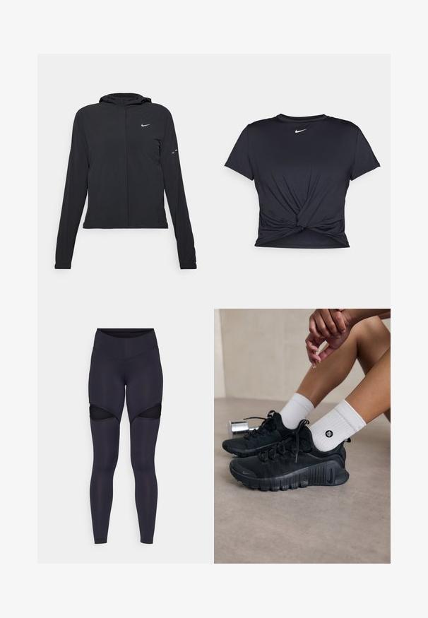 Black hooded jacket with long sleeves, made from lightweight material. Features a front zipper, a Nike logo, and subtle design accents.; Black athletic t-shirt made of smooth fabric, featuring a knotted front design and a small white Nike logo on the chest.; High-waisted black leggings with cut-out sections at the thighs, smooth texture, and a fitted design.; Black athletic shoes with textured fabric, laced design, and a prominent sole, paired with white ribbed socks featuring a small logo.