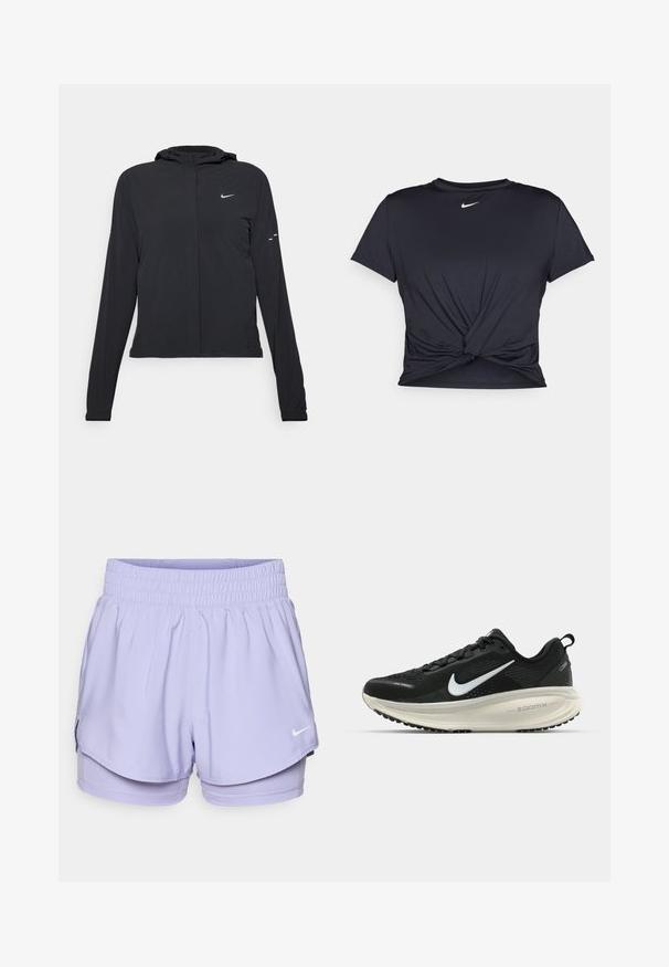 Black hooded jacket with long sleeves, made from lightweight material. Features a front zipper, a Nike logo, and subtle design accents.; Black athletic t-shirt made of smooth fabric, featuring a knotted front design and a small white Nike logo on the chest.; Lilac athletic shorts featuring a lightweight design, elastic waistband, and a white Nike logo on the front. Includes inner shorts for comfort.; Black Nike running shoe with breathable mesh upper, white swoosh logo, textured detailing, and a cream-colored ZoomX midsole.