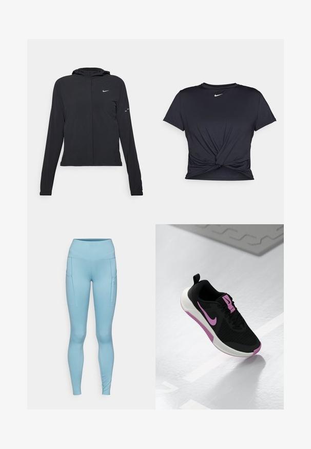 Černá kapucňová bunda s dlouhými rukávy, vyrobená z lehkého materiálu. Obsahuje přední zip, logo Nike a decentní designové akcenty.; Černé sportovní tričko vyrobené z hladkého materiálu, s uzlovým designem vpředu a malým bílým logem Nike na hrudi.; Světle modré legíny s vysokým pasem, které mají dvě boční kapsy a hladký, elastický materiál. Design zahrnuje jemné detaily prošívání.; Černá sportovní bota s prodyšným textilem, vyznačující se růžovým logem Nike a akcenty, bílou mezipodešví a texturovanou růžovou podešví.