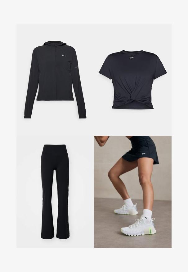 Schwarze Kapuzenjacke mit langen Ärmeln, aus leichtem Material gefertigt. Sie hat einen vorderen Reißverschluss, ein Nike-Logo und dezente Designelemente.; Schwarzes Sport-T-Shirt aus glattem Stoff, mit einem geknoteten Vorderdesign und einem kleinen weißen Nike-Logo auf der Brust.; Schwarze ausgestellte Leggings aus dehnbarem Stoff, mit hohem Bund und einer glatten Textur ohne sichtbare Muster oder Verzierungen.; Weiße Sportschuhe mit strukturierter Oberfläche, neon-grünen Akzenten und einem markanten Nike-Logo. Getragen mit weißen Knöchelsocken.