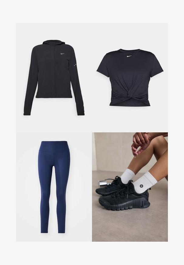Juodas gobtuvas striukė su ilgomis rankovėmis, pagaminta iš lengvo audinio. Pasižymi priekiniais užtrauktukais, Nike logotipu ir subtiliais dizaino akcentais.; Juodas sportinis marškinėlis, pagamintas iš lygios medžiagos, su surišta priekiu ir mažu baltu Nike logotipu ant krūtinės.; Tamsiai mėlynos leggingos, pagamintos iš tamprios medžiagos, su aukštu juosmeniu, lygiu paviršiumi ir pilno ilgio dizainu, be raštų ar priedų.; Juodi sportiniai bateliai su tekstūruota medžiaga, raištelių dizainu ir ryškiu padu, derinami su baltais raukšlėtais kojiniais, turinčiais mažą logotipą.