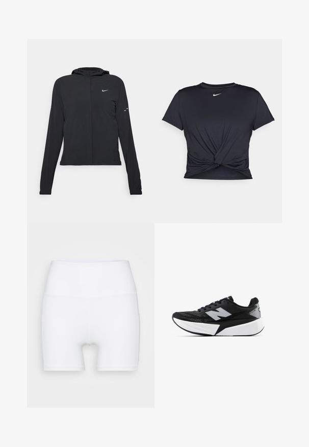 Crna jakna s kapuljačom i dugim rukavima, izrađena od laganog materijala. Ima prednji patentni zatvarač, Nike logo i suptilne dizajnerske detalje.; Crni trenirac s kratkim rukavima izrađen od glatkog materijala, s čvorastim dizajnom sprijeda i malim bijelim Nike logotipom na prsima.; Bijele kratke hlače visokog struka napravljene od rastezljivog materijala. Karakteriziraju ih glatka tekstura i prilagođeni dizajn, bez dodatnih uzoraka ili hardvera.; Crno-bijela New Balance trkačka cipela s debelim potplatom, mrežastim gornjim dijelom i "N" logotipom sa strane, prikazana s vanjske strane.