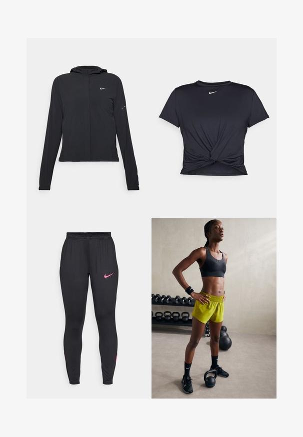 Black hooded jacket with long sleeves, made from lightweight material. Features a front zipper, a Nike logo, and subtle design accents.; Black athletic t-shirt made of smooth fabric, featuring a knotted front design and a small white Nike logo on the chest.; Black athletic leggings with a fitted design, featuring a pink Nike logo on the left thigh and pink accents on the lower sides. Elastic waistband.; Black sports bra, bright yellow shorts with an elastic waistband, black athletic shoes, and wristbands, standing beside kettlebells.