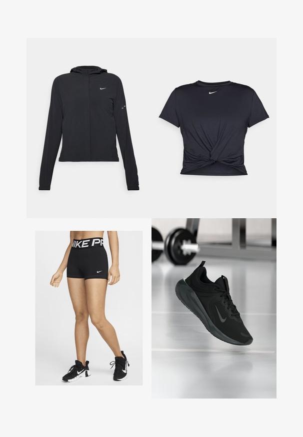 Casaco preto com capuz e mangas longas, feito de material leve. Apresenta um fecho dourado na frente, um logótipo da Nike e detalhes de design subtis.; T-shirt atlético preto feito de tecido liso, apresentando um design frontal com nó e um pequeno logótipo branco da Nike no peito.; Calções atléticos pretos com um cós largo com "NIKE PRO" em letras brancas. Um pequeno logótipo da Nike em forma de swoosh branco é visível de lado.; Sapatilha desportiva preta com o logotipo da Nike, mostrada em pleno ar sobre o chão do ginásio, com um suporte de halteres desfocado ao fundo.