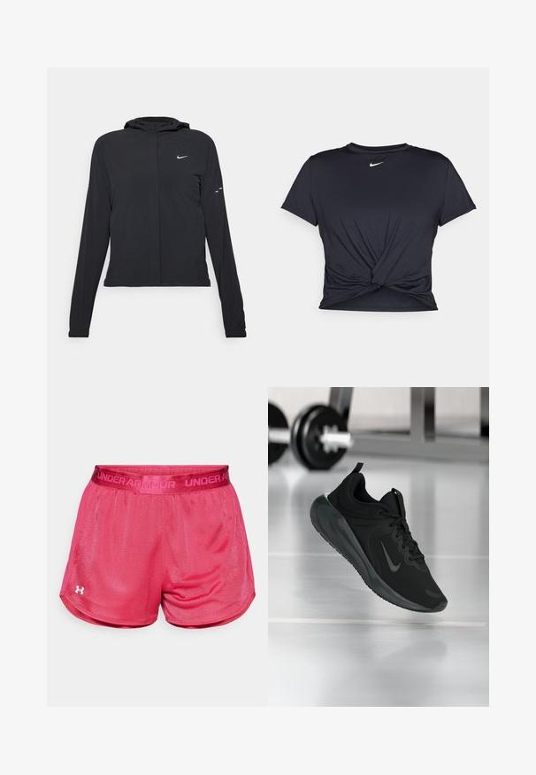 Black hooded jacket with long sleeves, made from lightweight material. Features a front zipper, a Nike logo, and subtle design accents.; Black athletic t-shirt made of smooth fabric, featuring a knotted front design and a small white Nike logo on the chest.; Pink athletic shorts made from lightweight mesh fabric, featuring a smooth waistband with "UNDER ARMOUR" branding and a small logo on the hem.; Black sports sneaker with Nike logo, shown mid-air on gym floor, with blurred dumbbell rack in background.
