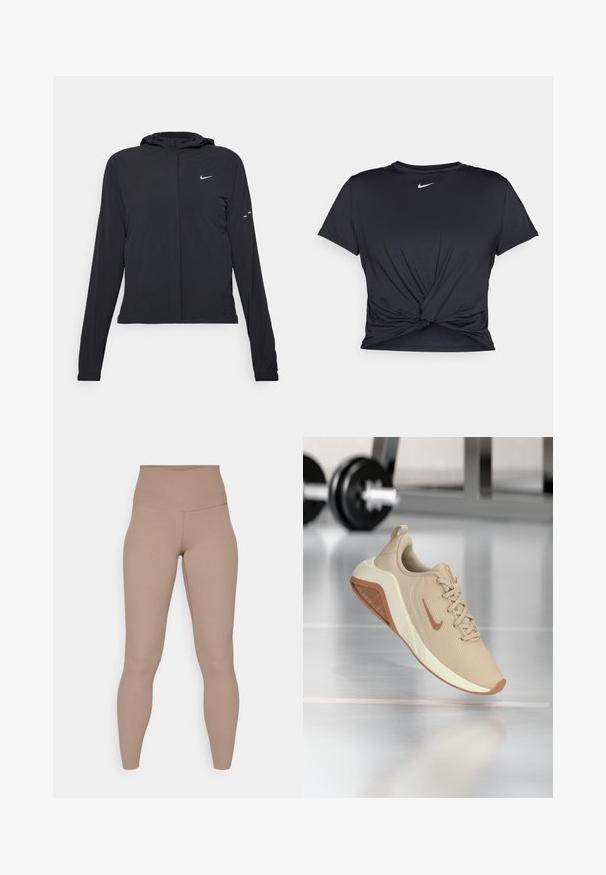 Casaco preto com capuz e mangas longas, feito de material leve. Apresenta um fecho dourado na frente, um logótipo da Nike e detalhes de design subtis.; T-shirt atlético preto feito de tecido liso, apresentando um design frontal com nó e um pequeno logótipo branco da Nike no peito.; Leggings atléticos bege com uma cintura alta e suave. Feitas de um tecido elástico, apresentam um design ajustado que se estende até os tornozelos.; Sapatilha atlética bege com parte superior de malha texturizada, entressola de cor clara e sola exterior castanha em contraste, apresentando um logótipo discreto na lateral.