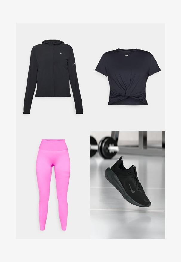 Černá kapucňová bunda s dlouhými rukávy, vyrobená z lehkého materiálu. Obsahuje přední zip, logo Nike a decentní designové akcenty.; Černé sportovní tričko vyrobené z hladkého materiálu, s uzlovým designem vpředu a malým bílým logem Nike na hrudi.; Užší legíny s vysokým pasem v živé růžové barvě. Hladký, elastický materiál s jemným texturovaným pruhovým detailem po straně.; Černé sportovní tenisky s logem Nike, zobrazené ve vzduchu na podlaze tělocvičny, s rozostřeným regálem s činkami na pozadí.