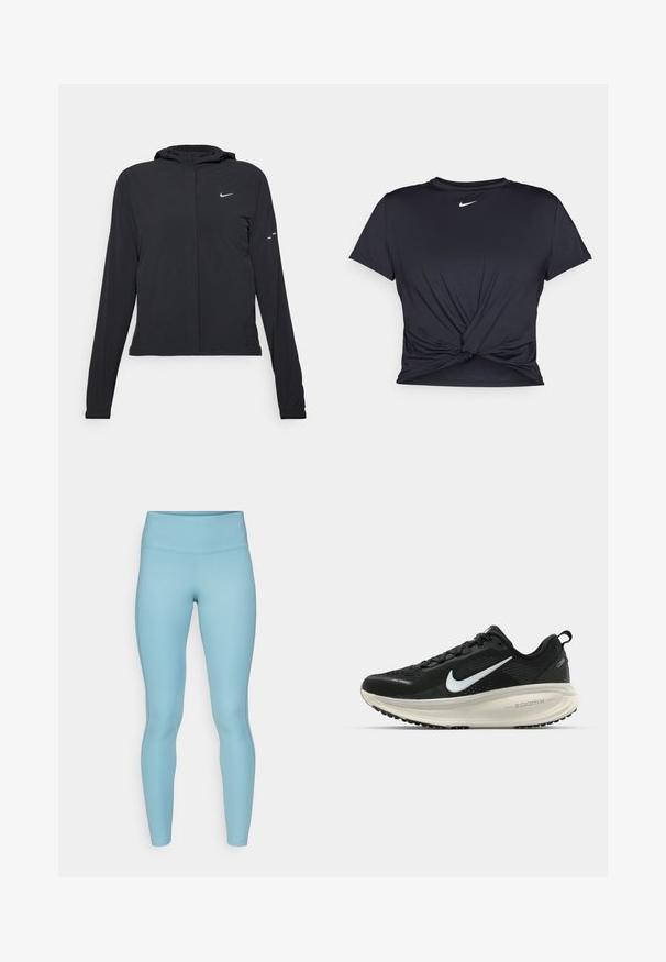 Giacca nera con cappuccio e maniche lunghe, realizzata in materiale leggero. Presenta una zip frontale, il logo Nike e accenti di design sottili.; Maglietta atletica nera realizzata in tessuto liscio, con un design anteriore annodato e un piccolo logo Nike bianco sul petto.; Nike Performance FAST - Leggings da corsa lunghi - denim turquoise/silver; Scarpa da corsa nera Nike con tomaia in rete traspirante, logo Swoosh bianco, dettagli testurizzati e intersuola ZoomX di colore crema.