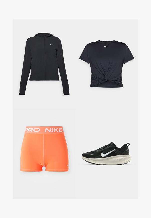 Must musta kapuutsiga jakk, millel on pikad varrukad ja mis on valmistatud kergetest materjalidest. Omab esitaskut, Nike logo ja kergelt silmatorkavaid disainiaktsente.; Mustmust musta sportlik T-särk, mis on valmistatud sujuvast kangast, millel on sõlmega esikülg ja väike valge Nike logo rinnal.; Nike Pro lühikesed püksid erkoranžis. Valmistatud siledast, venivast materjalist, millel on valge logo ja vöökoha kiri. Omab minimalistlikku disaini.; Musthave mustus Nike jooksujalats, millel on hingav võrgust ülemine osa, valge swoosh logo, tekstuuriga detailid ja kreemja värvusega ZoomX vahevöö.