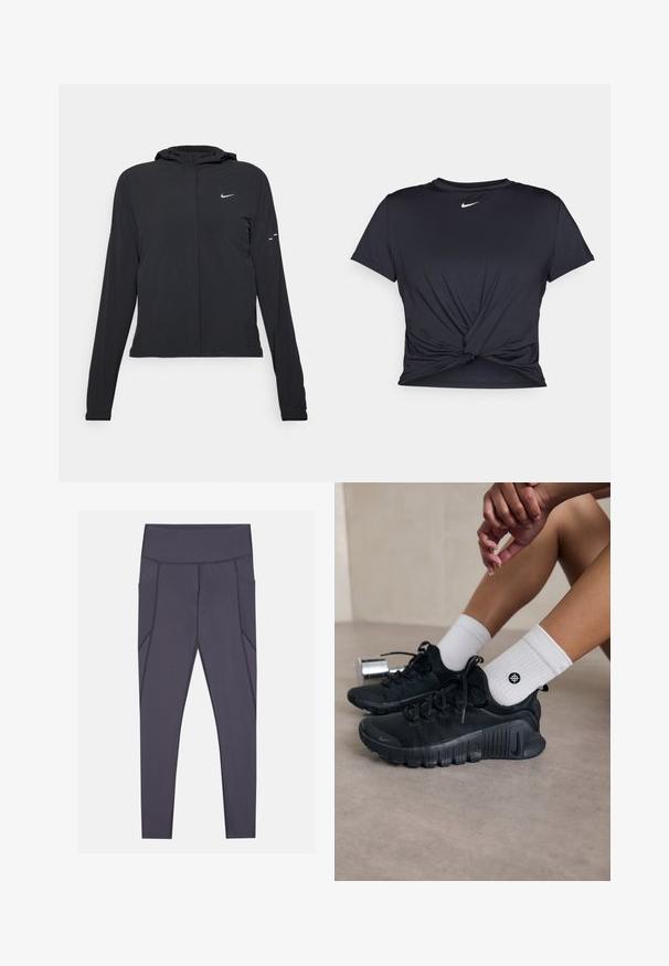 Sort hættetrøje med lange ærmer, lavet af letvægtsmateriale. Har en frontlynlås, et Nike-logo og subtile designaccenter.; Sort atletisk t-shirt lavet af glat stof, med et knyttet frontdesign og et lille hvidt Nike-logo på brystet.; Mørkegrå leggings med høj talje, der har sidelommer og strukturerede syninger. Fremstillet af strækbart, åndbart stof.; Sorte træningssko med struktureret stof, snørebåndsdesign og en markant sål, parret med hvide ribbede sokker med et lille logo.