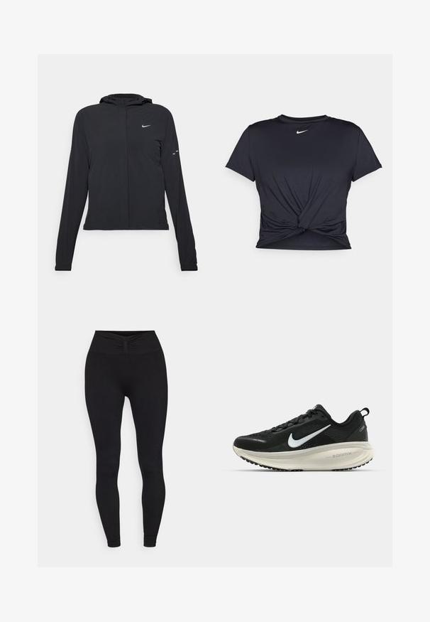 Črna kapuča s dolgimi rokavi, izdelana iz lahkega materiala. Ima sprednji zadrgo, logotip Nike in subtilne oblikovne detajle.; Črna atletska majica iz gladkega materiala, z vozlanim sprednjim delom in majhnim belim logotipom Nike na prsih.; Yogasearcher NALA - Pajkice - black; Črne Nike tekaške čevlje z zračno mrežno zgornjim delom, belim logotipom Swoosh, teksturiranimi detajli in smetanasto barvnim srednjim delom ZoomX.