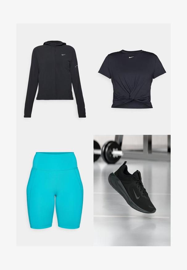 Juodas gobtuvas striukė su ilgomis rankovėmis, pagaminta iš lengvo audinio. Pasižymi priekiniais užtrauktukais, Nike logotipu ir subtiliais dizaino akcentais.; Juodas sportinis marškinėlis, pagamintas iš lygios medžiagos, su surišta priekiu ir mažu baltu Nike logotipu ant krūtinės.; Aqua mėlynos, aukštai liemeniui skirtos dviratininkų šortai, pagaminti iš lygios, elastingos medžiagos, su šoninėmis siūlėmis ir prigludusia struktūra, užtikrinančia komfortą ir lankstumą.; Juodas sportinis sportbačiai su Nike logotipu, pavaizduoti ore virš sporto salės grindų, fone išblurinta hantelių laikiklis.